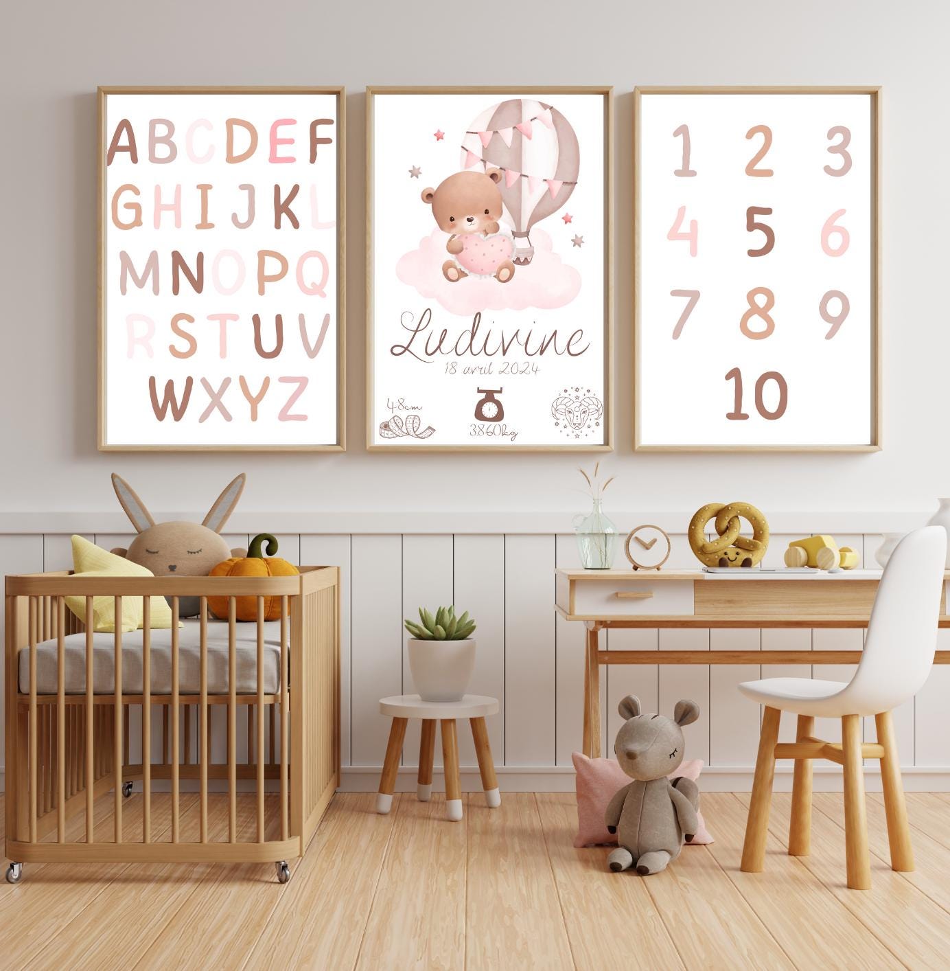 Lot de 3 Affiches Personnalisées pour Bébé | Affiche de Naissance + Affiches Alphabet et Nombres