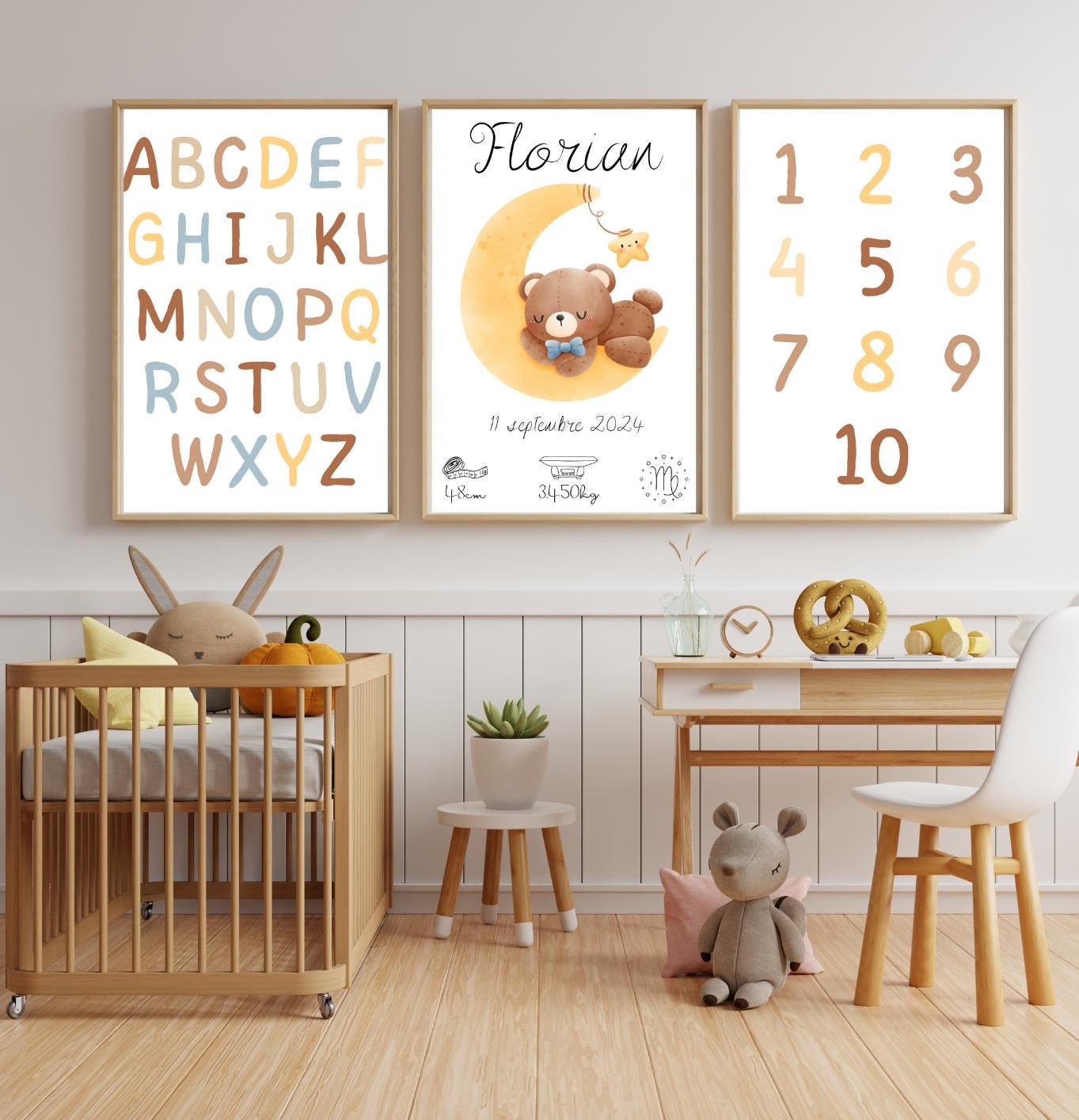 Lot de 3 Affiches Personnalisées pour Bébé | Affiche de Naissance + Affiches Alphabet et Nombres