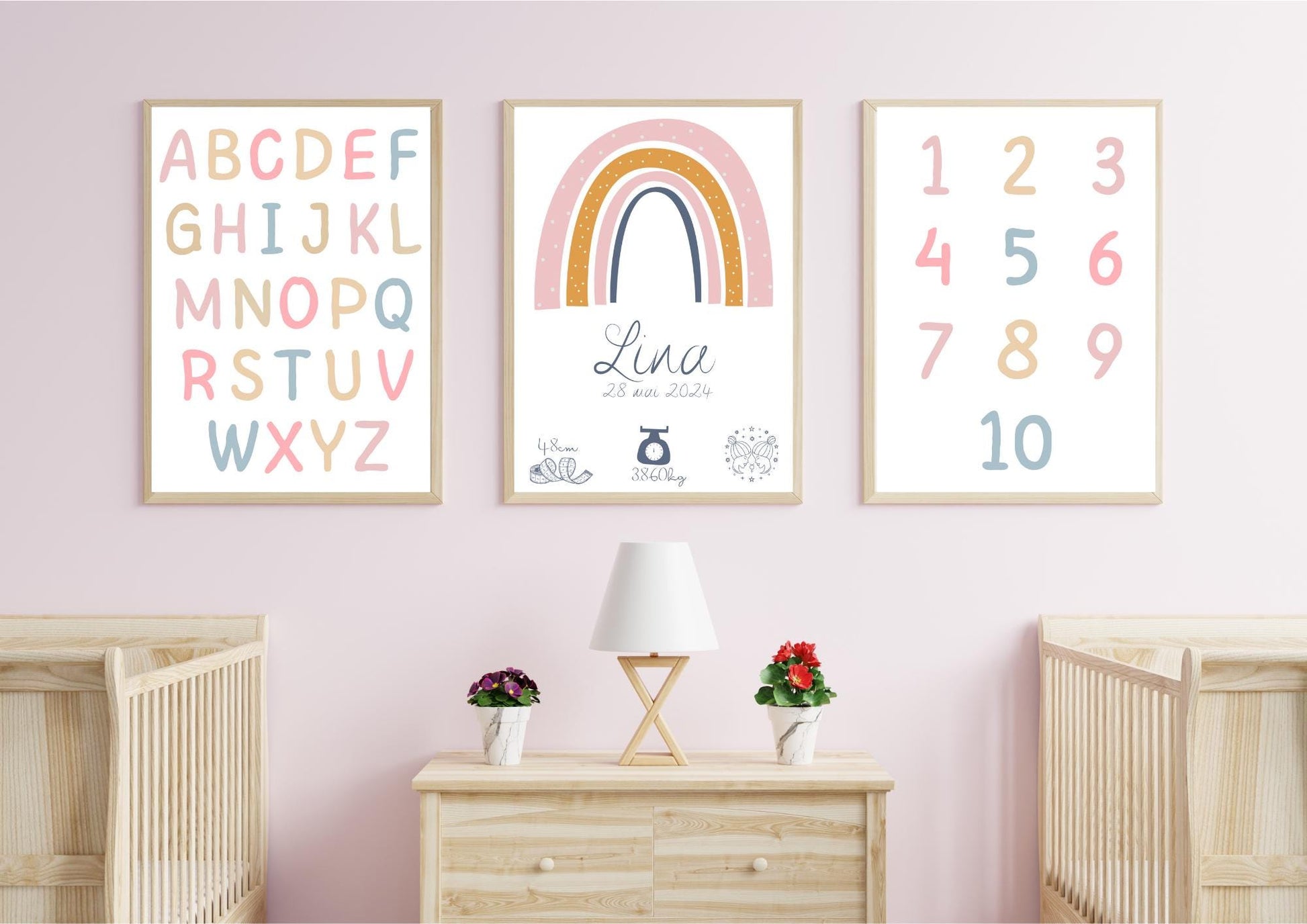 Lot de 3 Affiches Personnalisées pour Bébé | Affiche de Naissance + Affiches Alphabet et Nombres