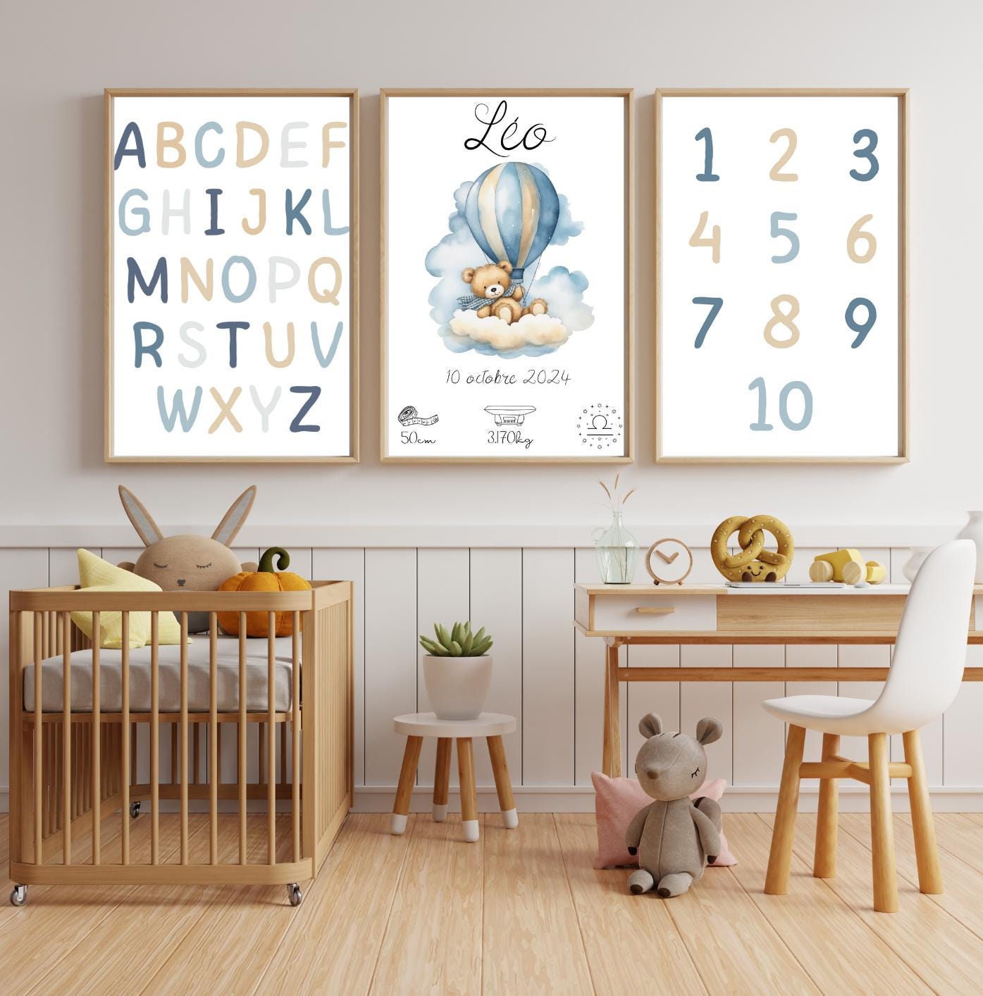 Lot de 3 Affiches Personnalisées pour Bébé | Affiche de Naissance + Affiches Alphabet et Nombres