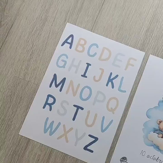 Lot de 3 Affiches Personnalisées pour Bébé | Affiche de Naissance + Affiches Alphabet et Nombres