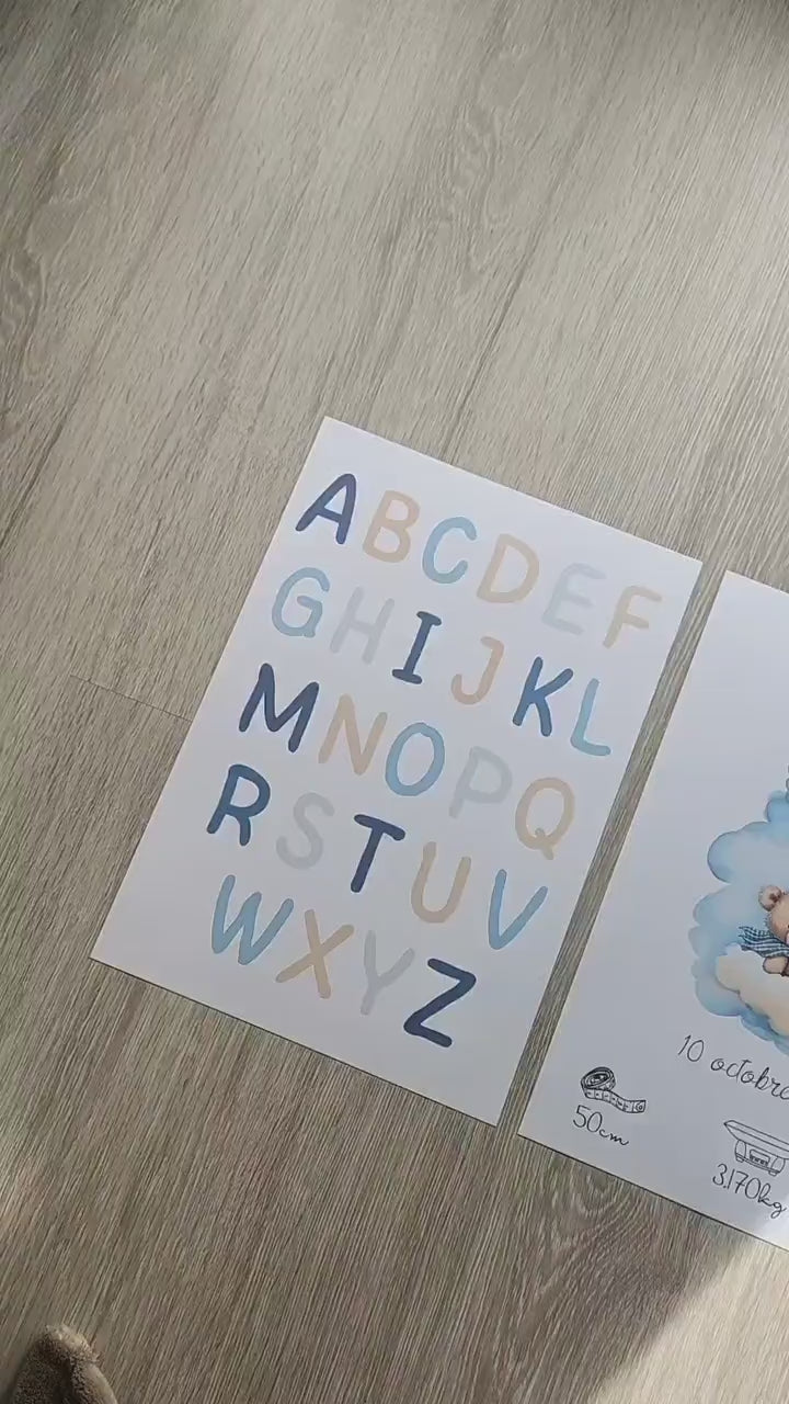 Lot de 3 Affiches Personnalisées pour Bébé | Affiche de Naissance + Affiches Alphabet et Nombres